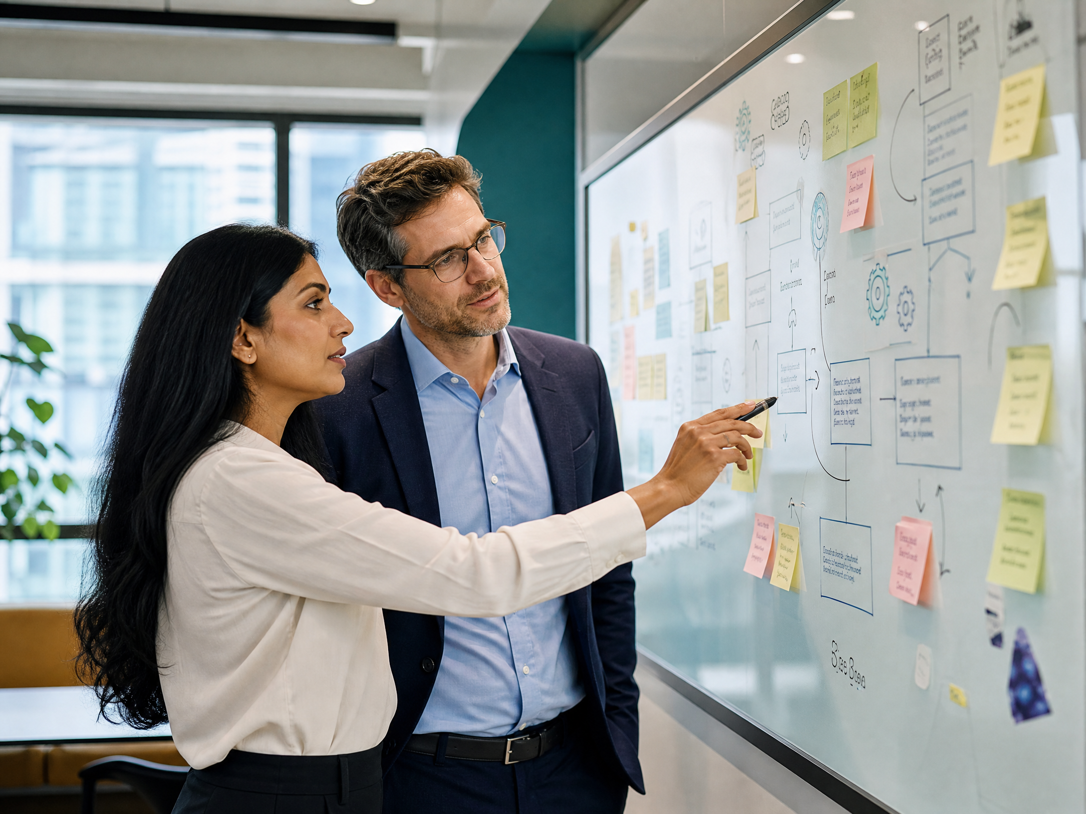 Two business professionals mapping an AI transformation workflow on a glass whiteboard