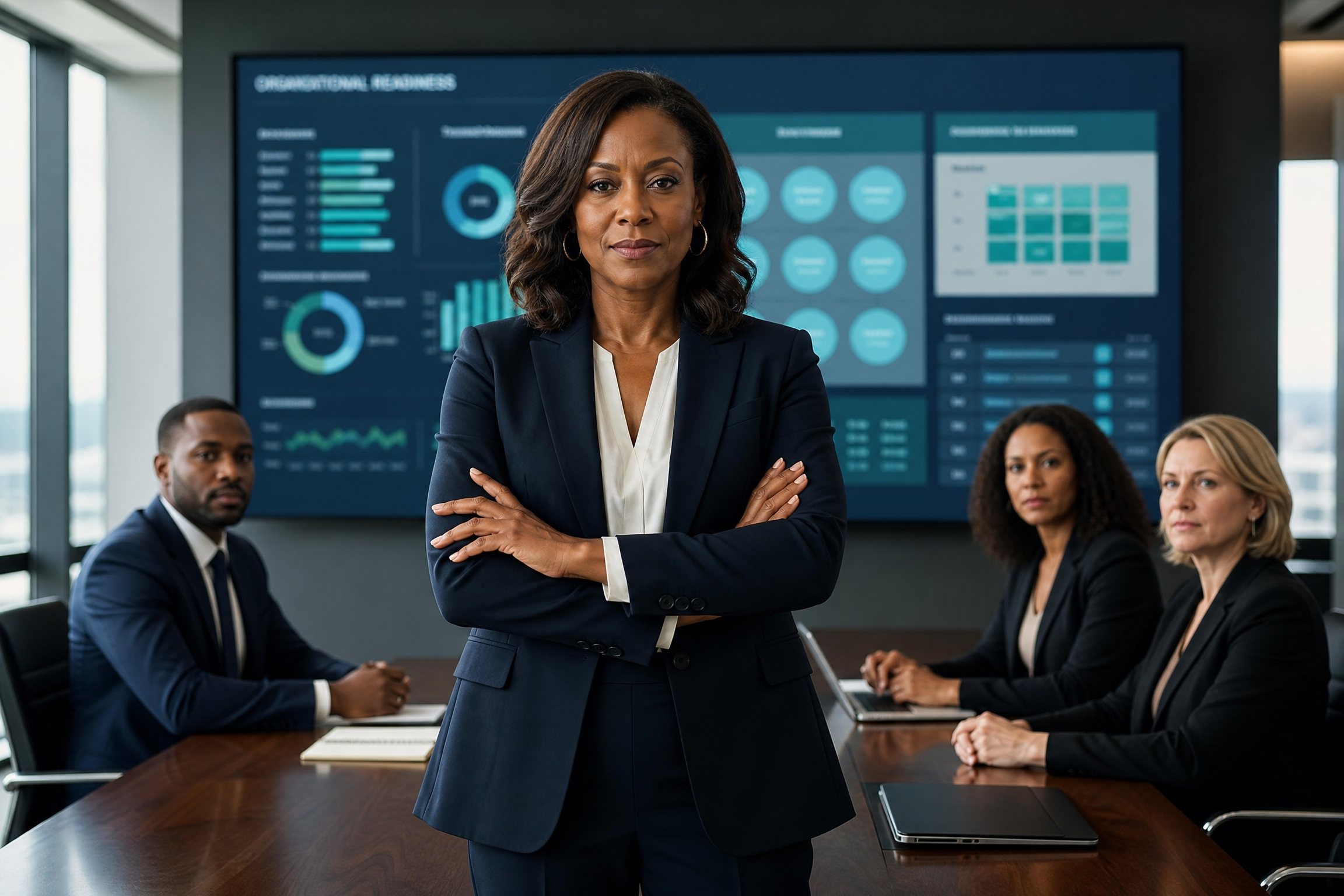 Senior executive standing confidently at the head of a boardroom with an AI readiness dashboard behind her