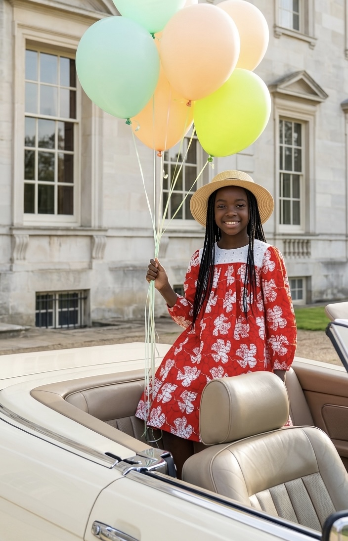 Mo & Ruby's editorial — girl in red dress with balloons