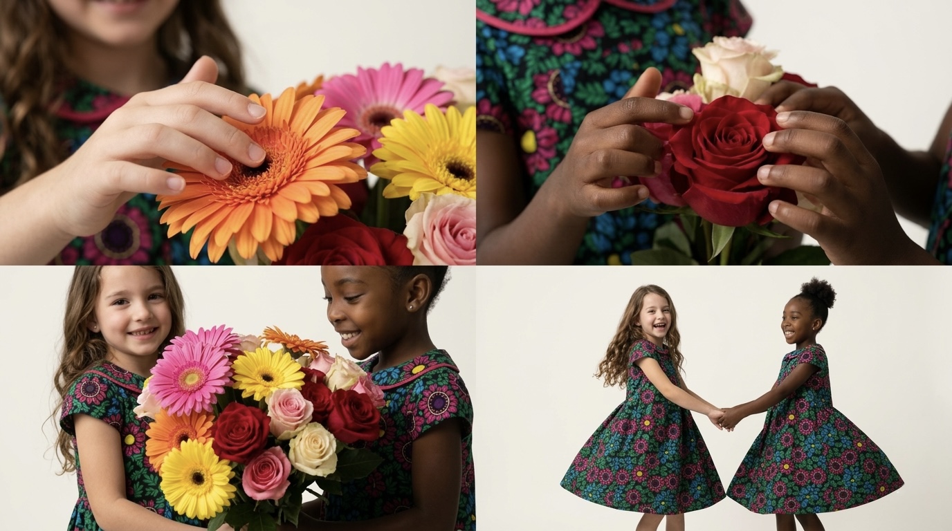 Mo & Ruby's editorial — two girls in matching floral dresses with flowers