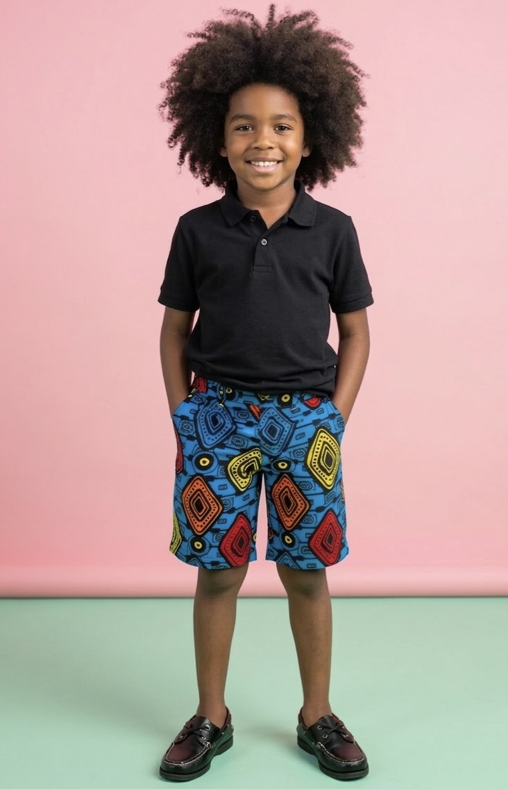 Mo & Ruby's editorial — boy in geometric print shorts