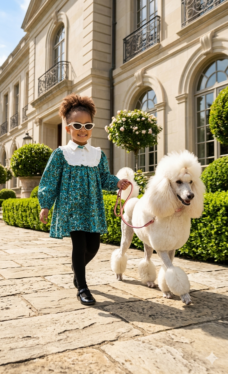Mo & Ruby's editorial — girl in teal dress walking poodle
