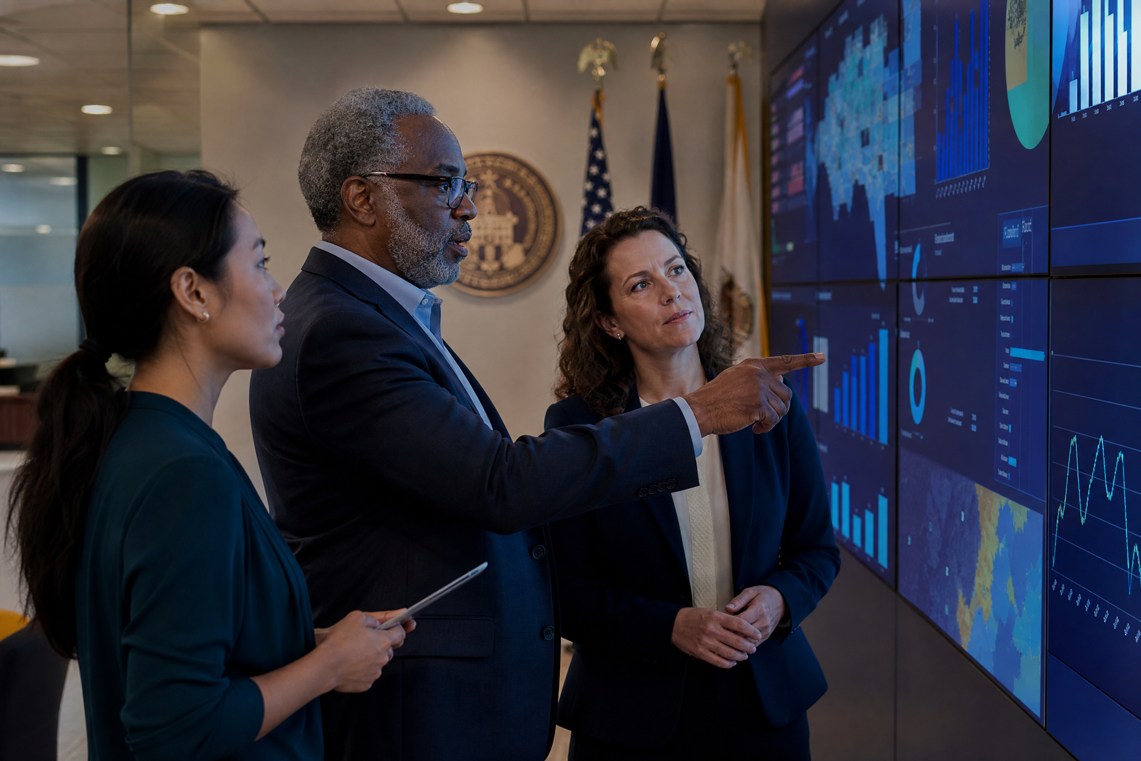 Government team reviewing public service metrics on a large data screen