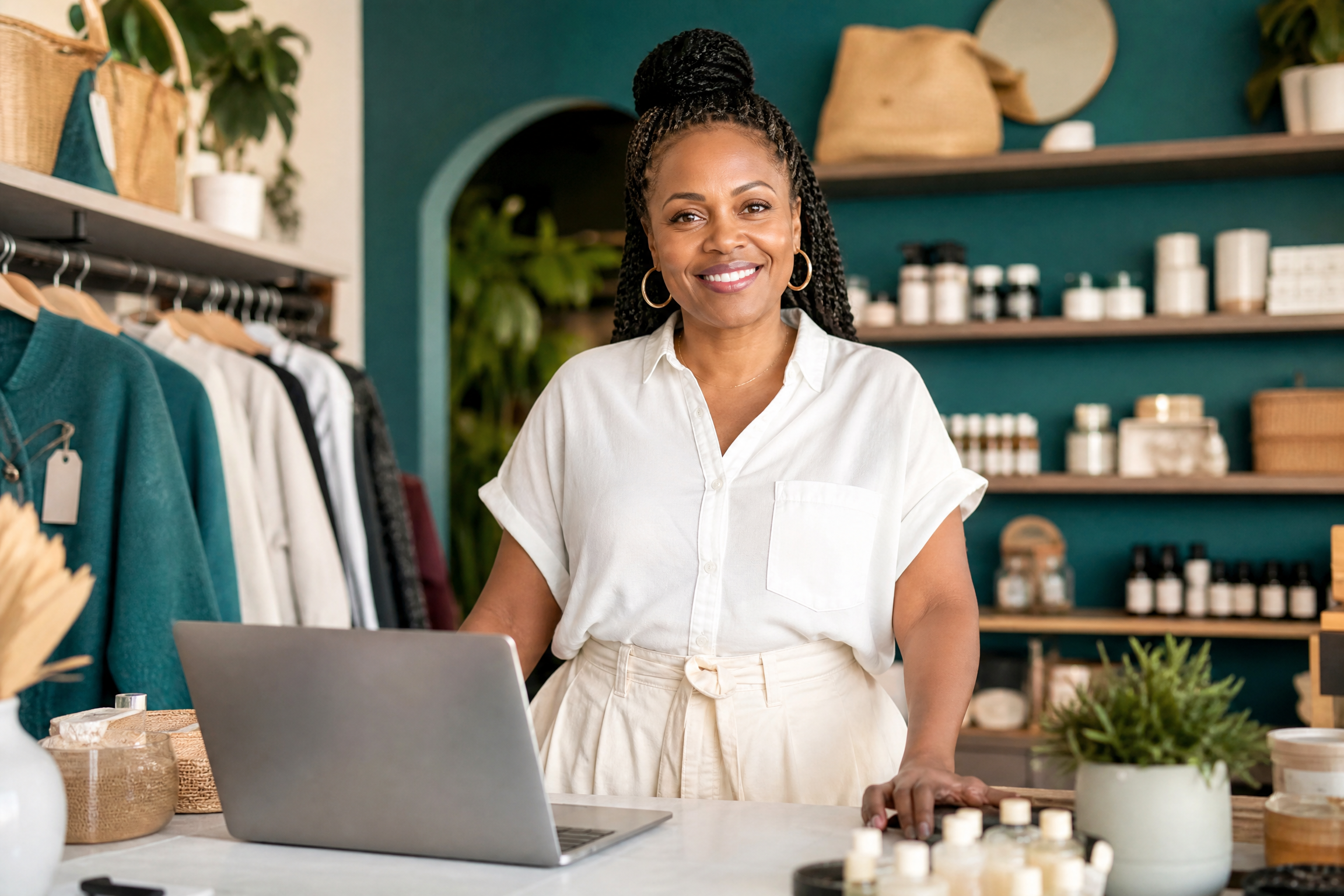 Small business owner standing confidently in her boutique with a laptop