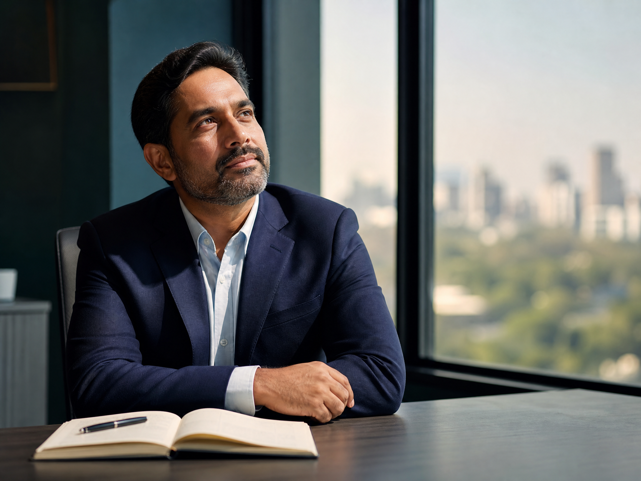 Thoughtful executive in deep strategic reflection, notebook open, city skyline behind him