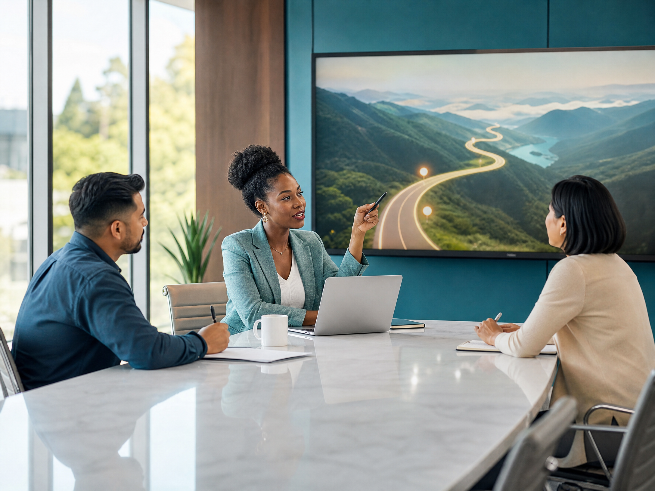 Business leadership team reviewing an AI readiness roadmap on a large display screen
