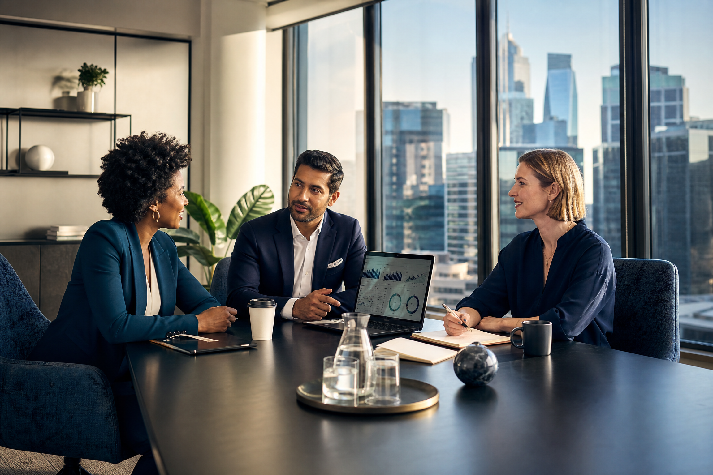 Diverse leadership team in a strategy session with AI-powered data dashboards, city skyline in background