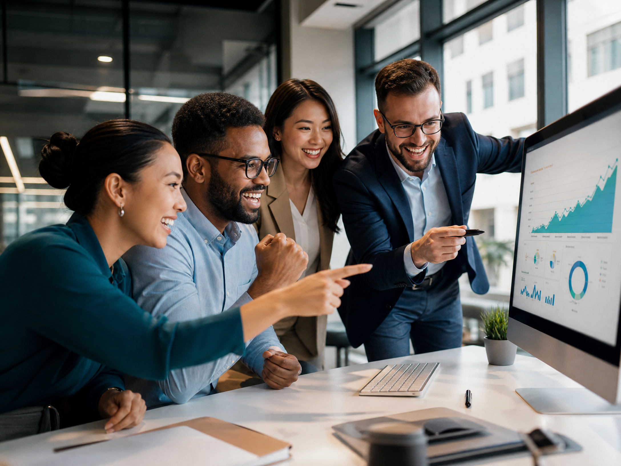 Diverse team celebrating measurable results on an analytics dashboard with upward-trending charts